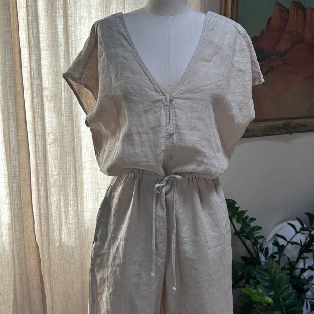 Linen Wide Leg Jumpsuit Coastal Minimal Euro Summer Neutral Pockets Women M - Picture 15 of 15